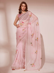 Pink Colored Blooming Organza Designer Brush Printed Saree