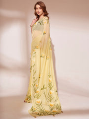 Yellow Colored Blooming Organza Designer Brush Printed Saree