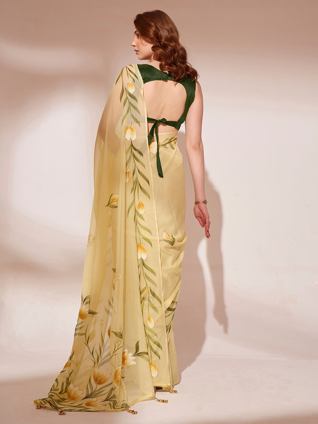 Yellow Colored Blooming Organza Designer Brush Printed Saree