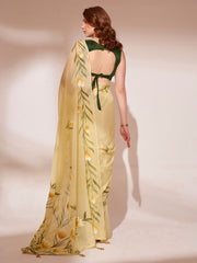 Yellow Colored Blooming Organza Designer Brush Printed Saree