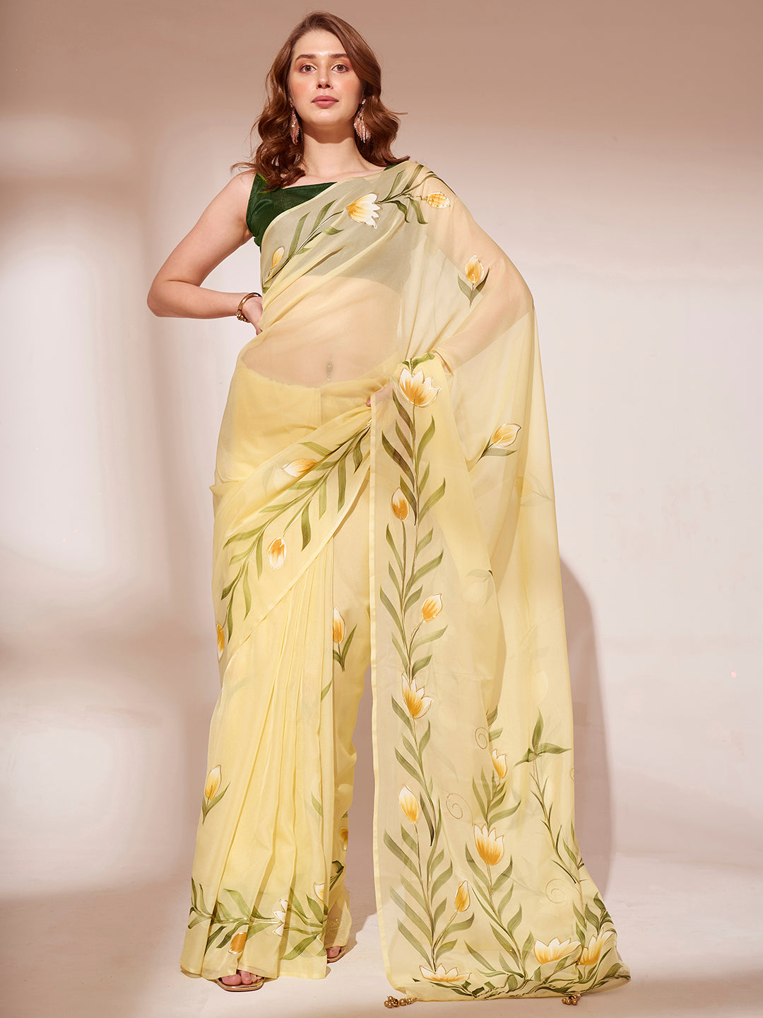 Yellow Colored Blooming Organza Designer Brush Printed Saree