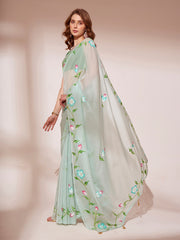 Light Green Colored Blooming Organza Designer Brush Printed Saree