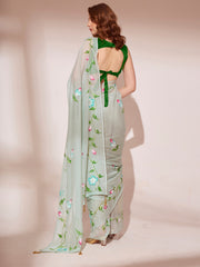 Light Green Colored Blooming Organza Designer Brush Printed Saree