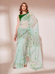 Light Green Colored Blooming Organza Designer Brush Printed Saree