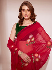 Red Colored Blooming Organza Designer Brush Printed Saree