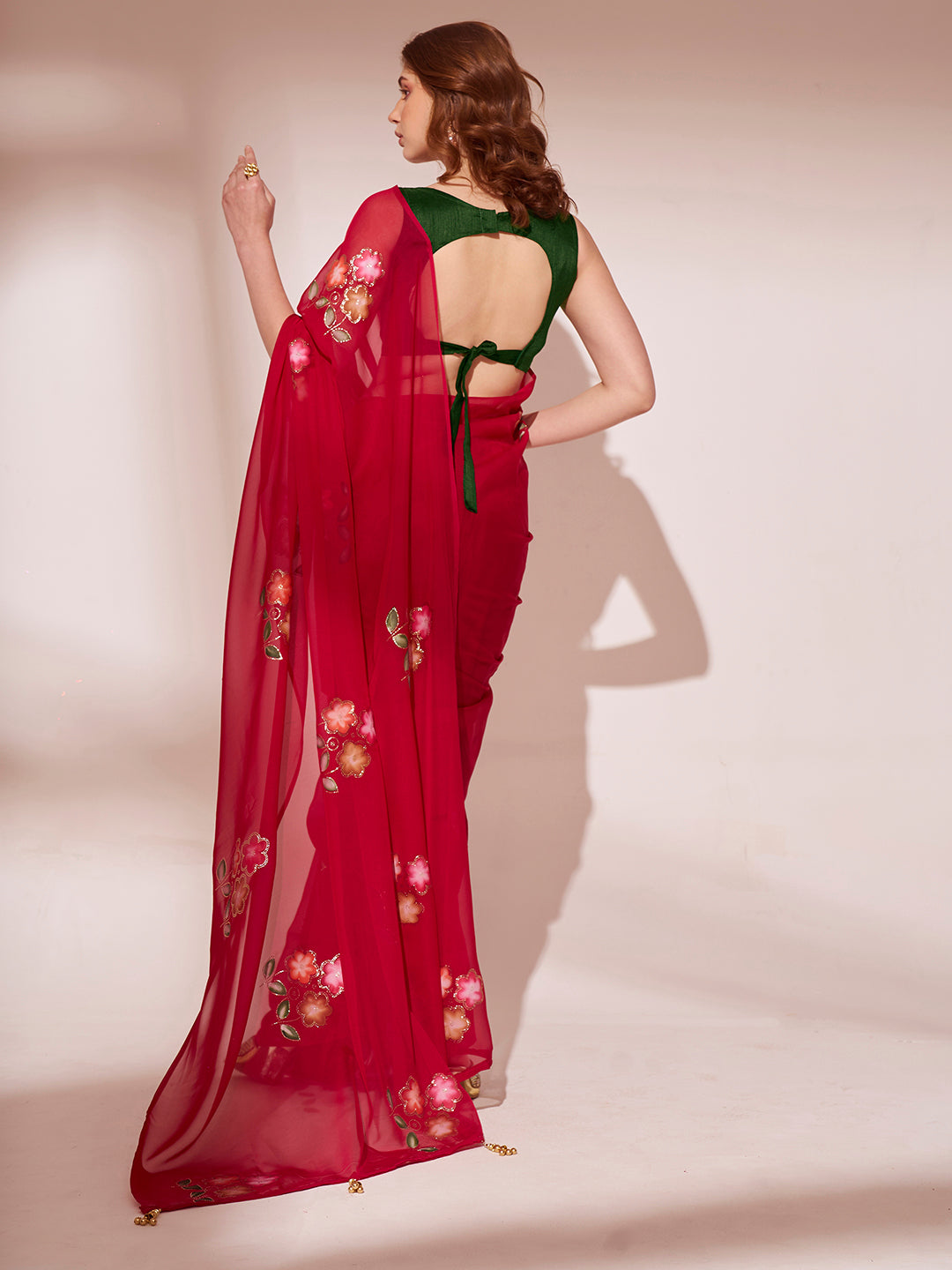 Red Colored Blooming Organza Designer Brush Printed Saree