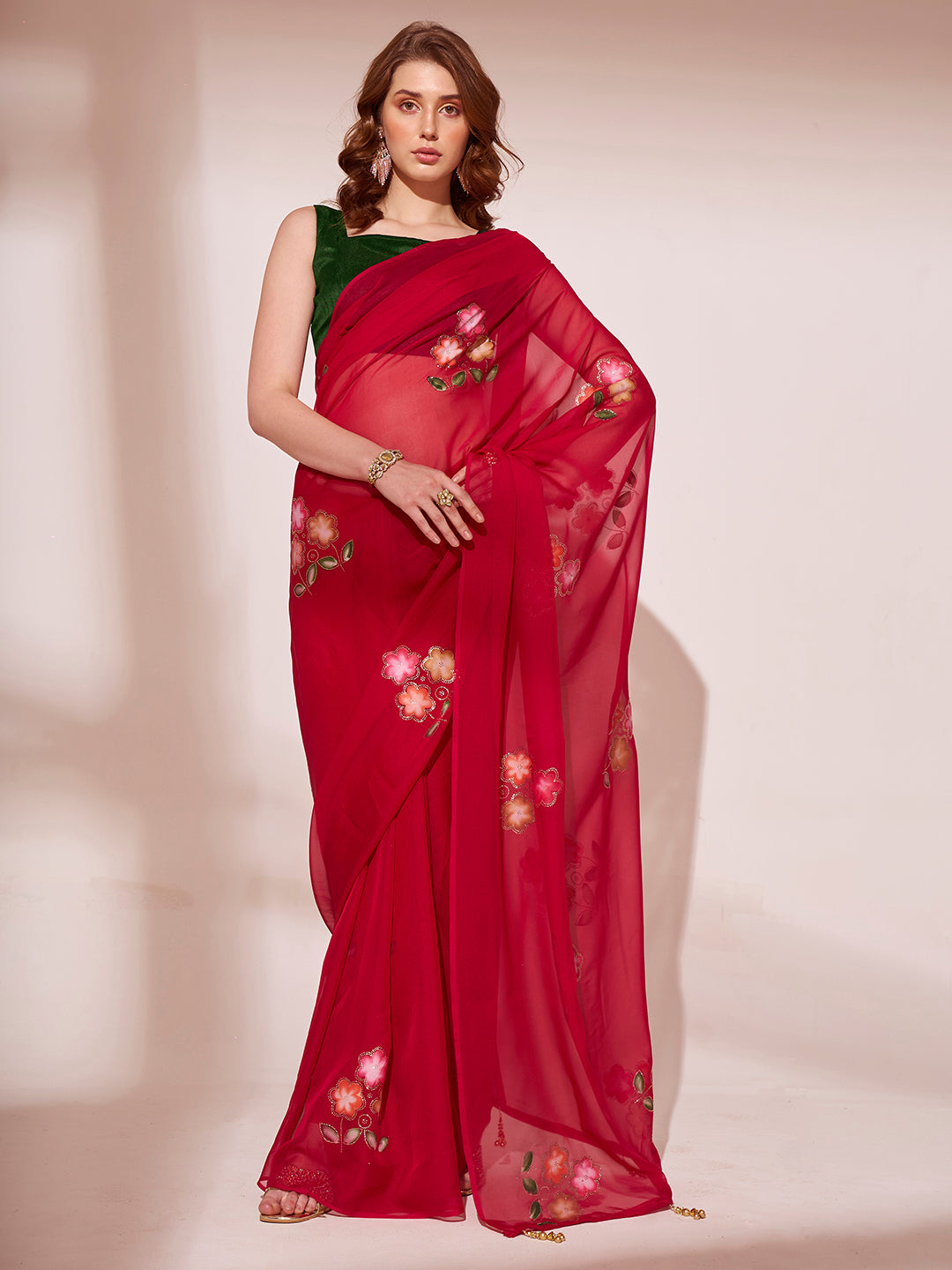 Red Colored Blooming Organza Designer Brush Printed Saree