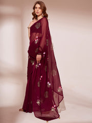 Wine Colored Blooming Organza Designer Brush Printed Saree