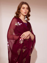 Wine Colored Blooming Organza Designer Brush Printed Saree