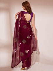 Wine Colored Blooming Organza Designer Brush Printed Saree