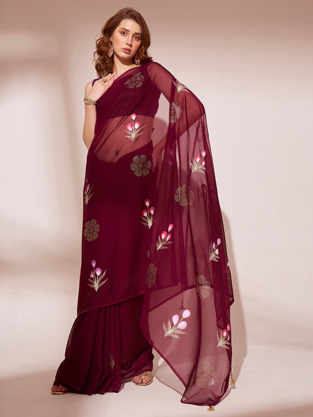 Wine Colored Blooming Organza Designer Brush Printed Saree