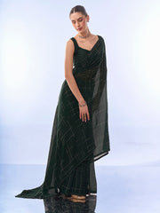 Green Colored Satin Chiffon Swarovski Party Wear Saree