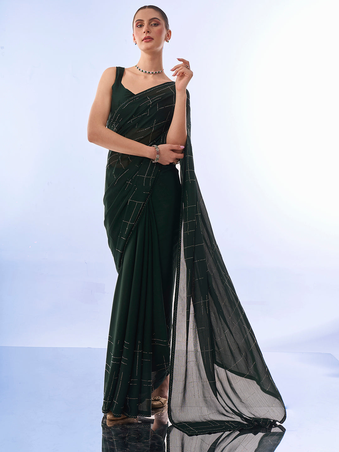 Green Colored Satin Chiffon Swarovski Party Wear Saree