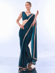 Teal Blue Colored Burburry Swarovski Party Wear Saree