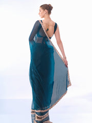 Teal Blue Colored Burburry Swarovski Party Wear Saree