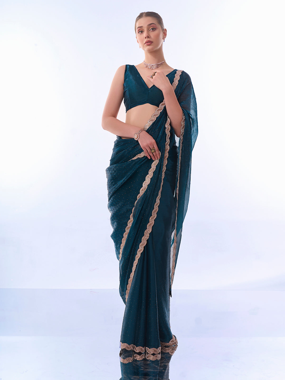 Teal Blue Colored Burburry Swarovski Party Wear Saree