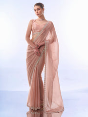 Peach Colored Burburry Swarovski Party Wear Saree