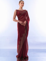 Maroon Colored Burburry Swarovski Party Wear Saree