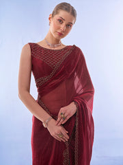 Maroon Colored Burburry Swarovski Party Wear Saree