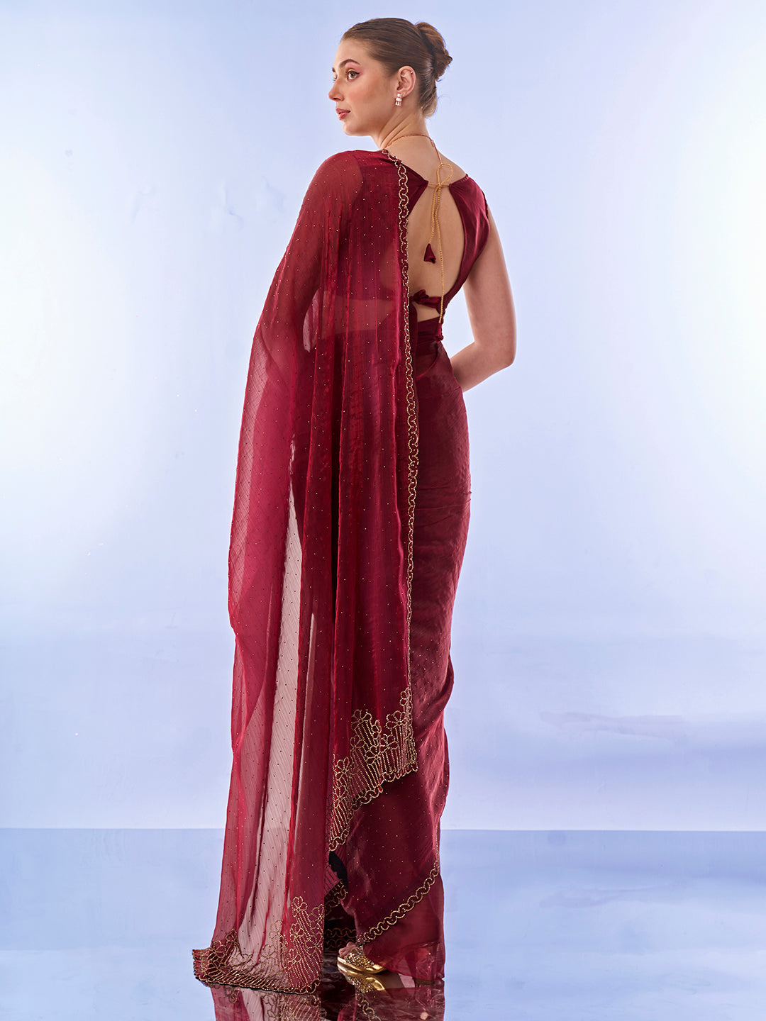 Maroon Colored Burburry Swarovski Party Wear Saree