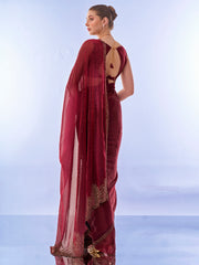 Maroon Colored Burburry Swarovski Party Wear Saree