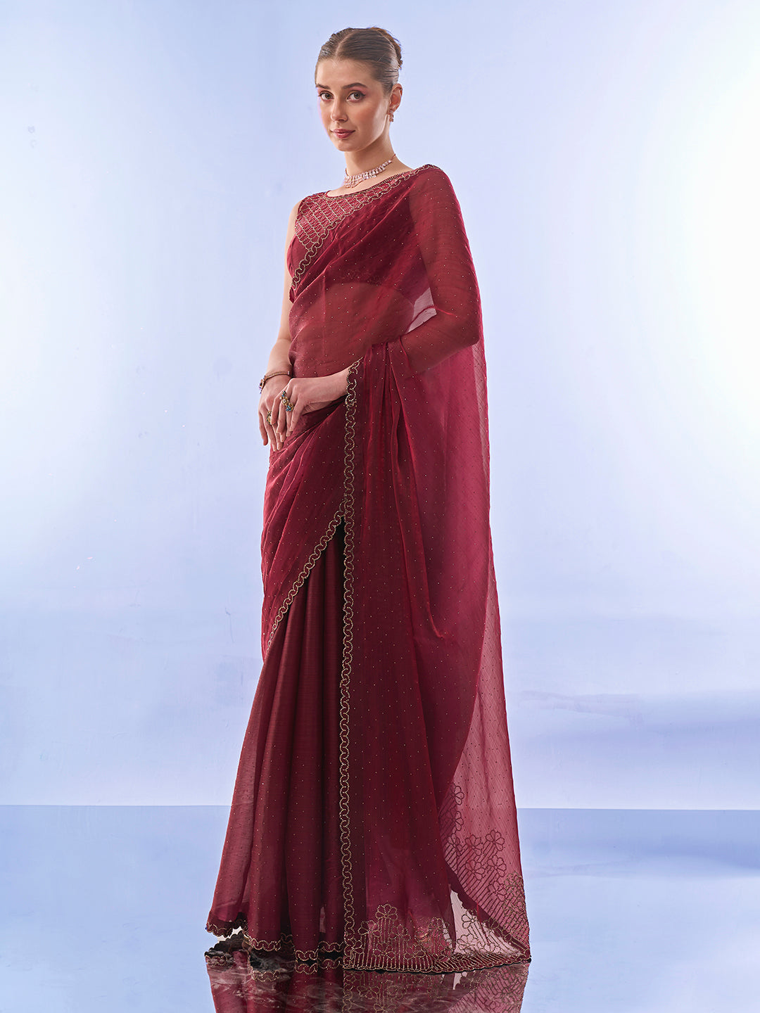 Maroon Colored Burburry Swarovski Party Wear Saree