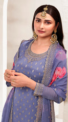 Violet Colored Viscose Chinnon Embroidered  Salwar Suit With Sharara Dupatta