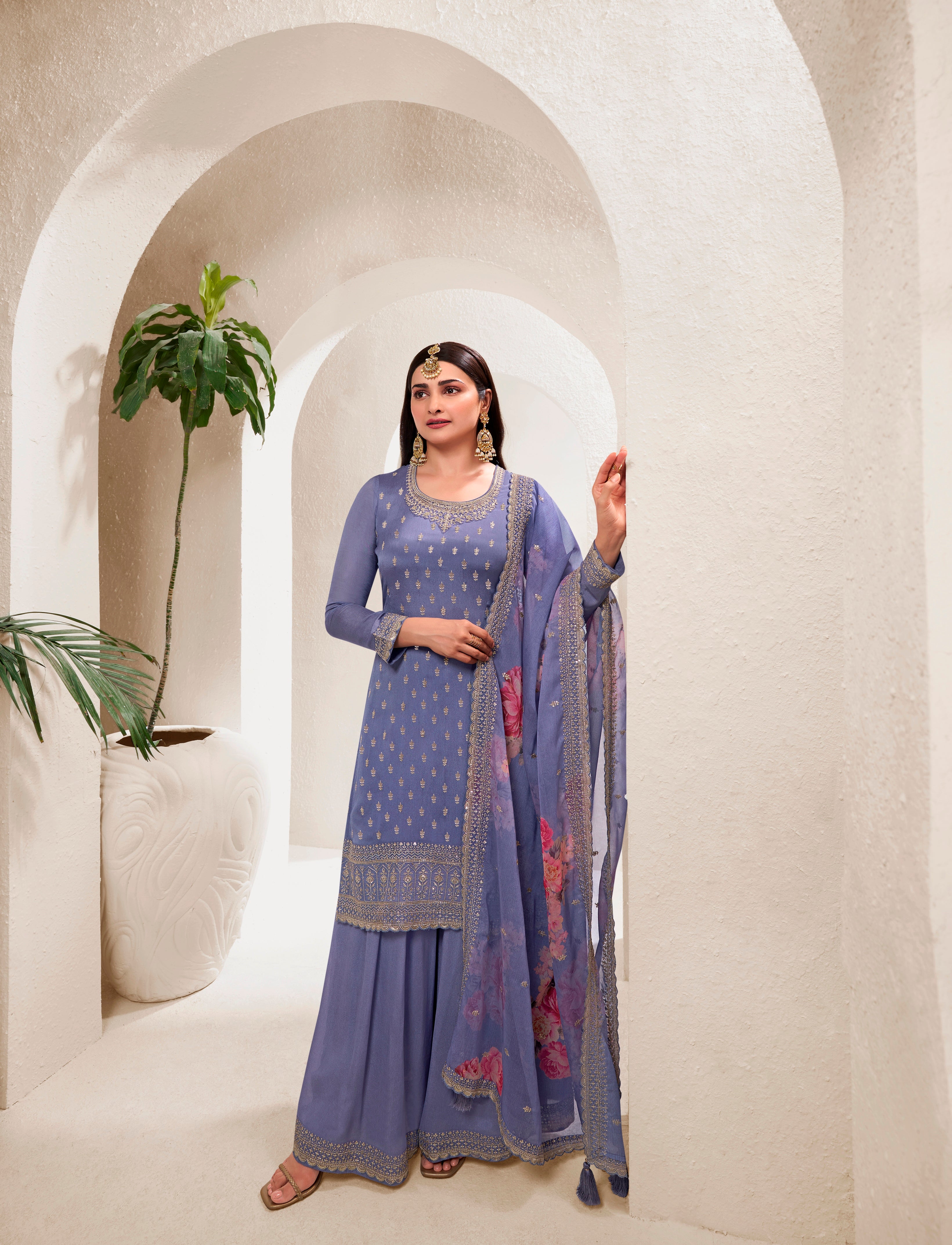 Violet Colored Viscose Chinnon Embroidered  Salwar Suit With Sharara Dupatta