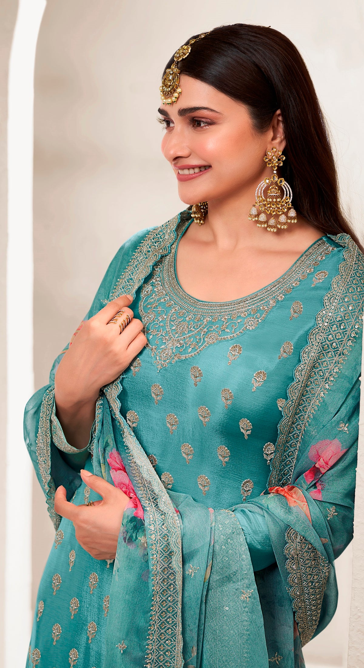 Sky Blue Viscose Chinnon Embroidered Salwar Suit With Sharara Dupatta