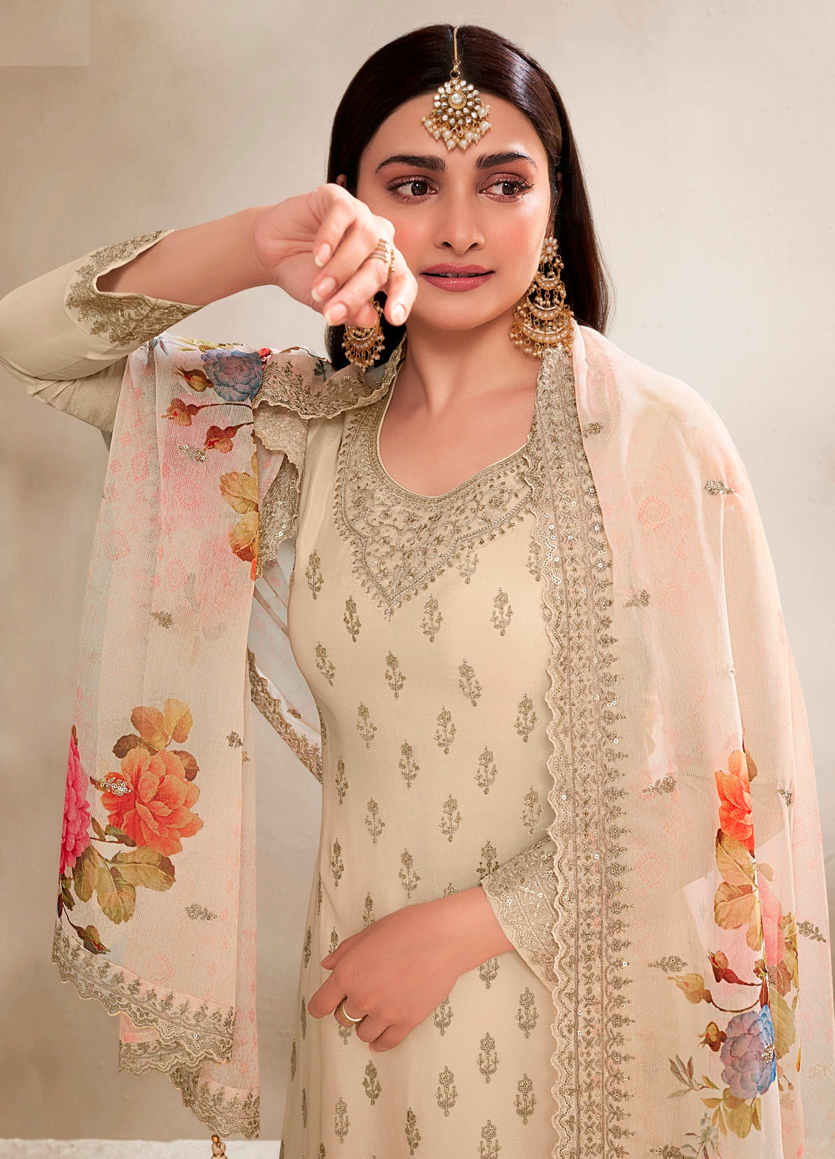 Cream Colored Viscose Chinnon Embroidered  Salwar Suit With Sharara Dupatta