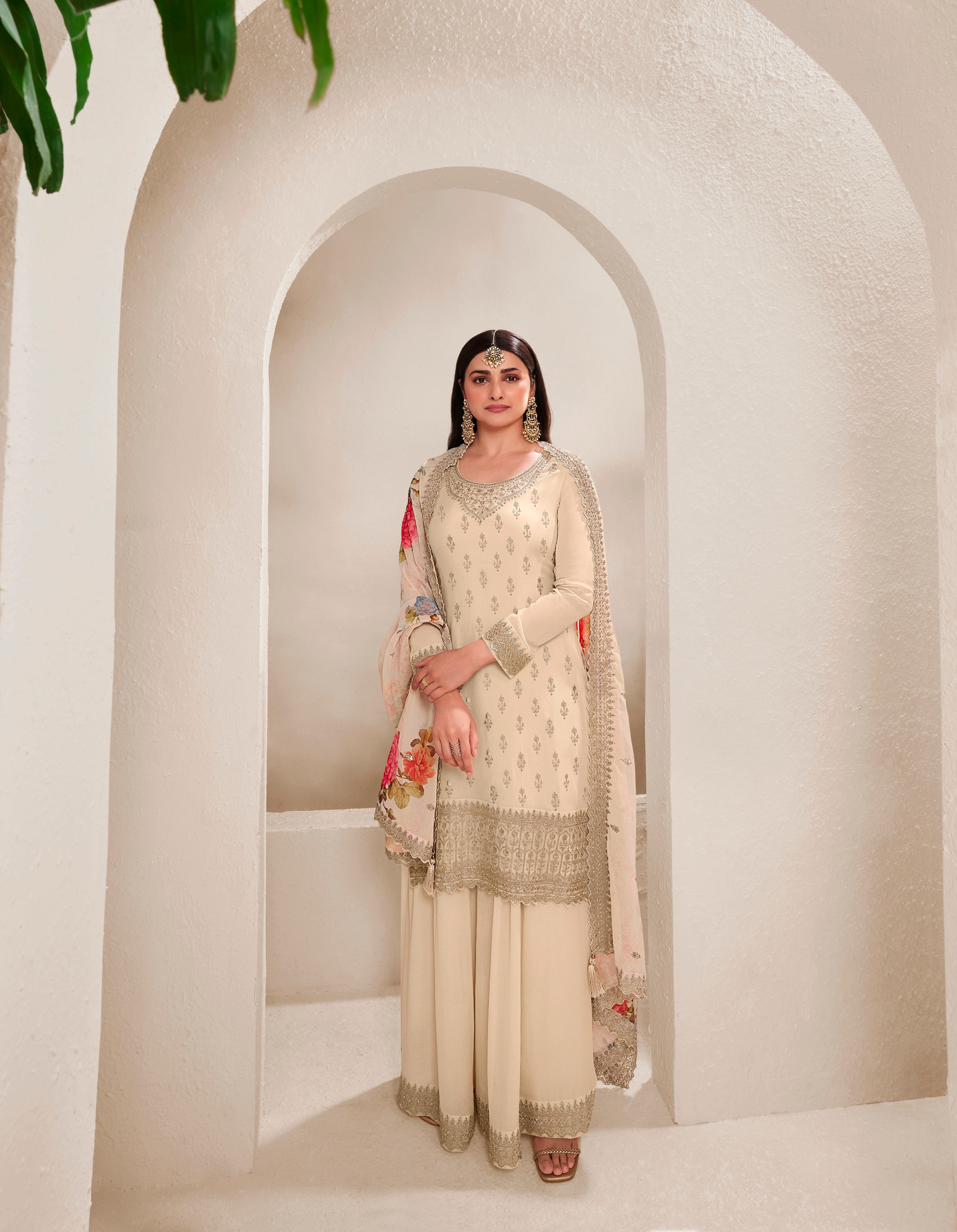 Cream Colored Viscose Chinnon Embroidered  Salwar Suit With Sharara Dupatta