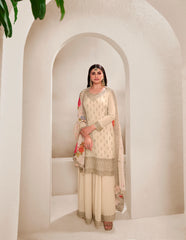 Cream Colored Viscose Chinnon Embroidered  Salwar Suit With Sharara Dupatta