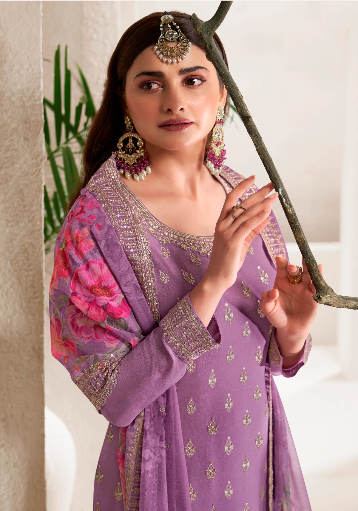 Purple Colored Viscose Chinnon Embroidered  Salwar Suit With Sharara Dupatta