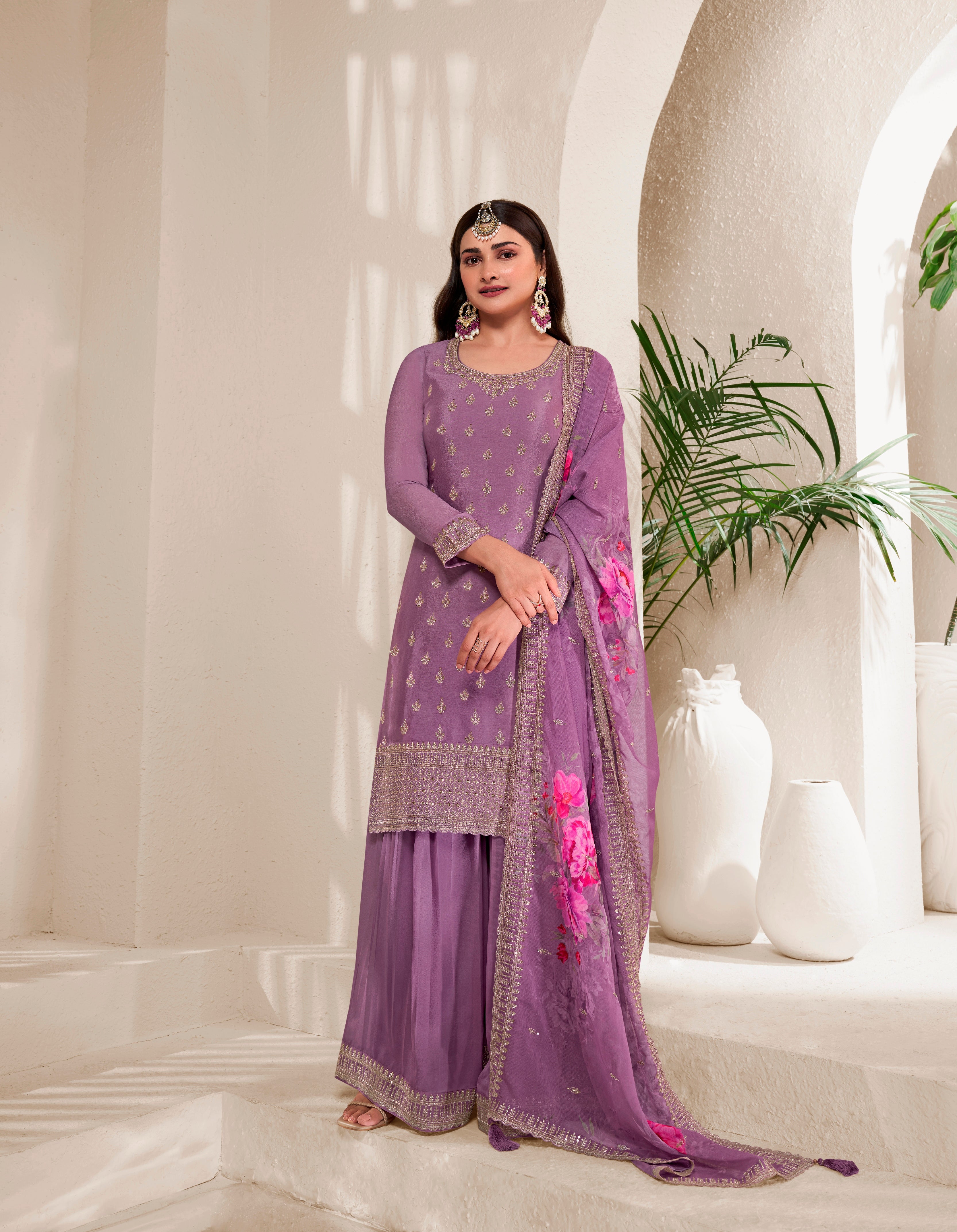 Purple Colored Viscose Chinnon Embroidered  Salwar Suit With Sharara Dupatta