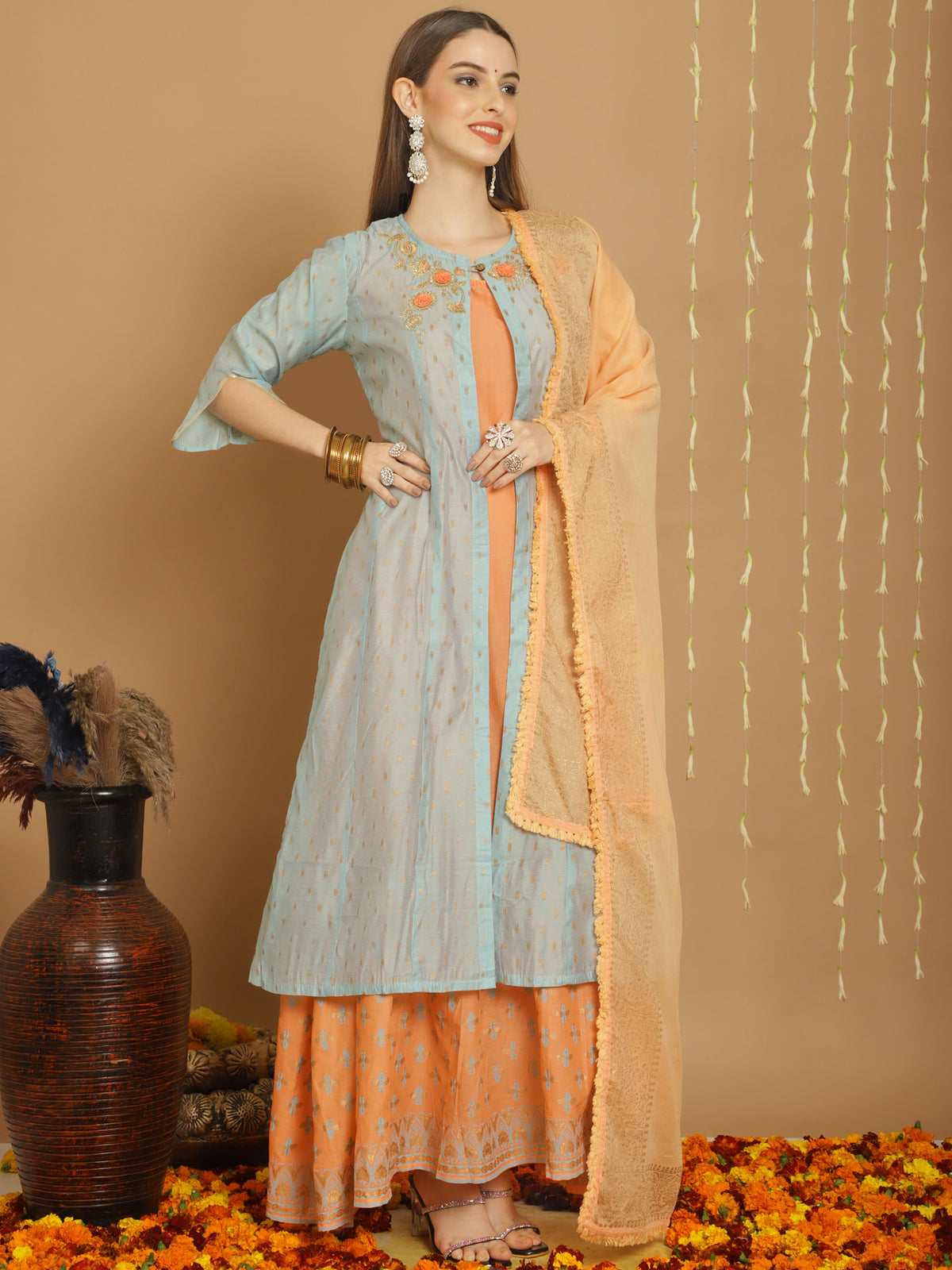 Grey Art Silk Embroidered Salwar Suit With Bottom Dupatta