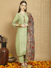 Pista Colored Tusser Silk Embroidered  Salwar Suit With Pant Dupatta