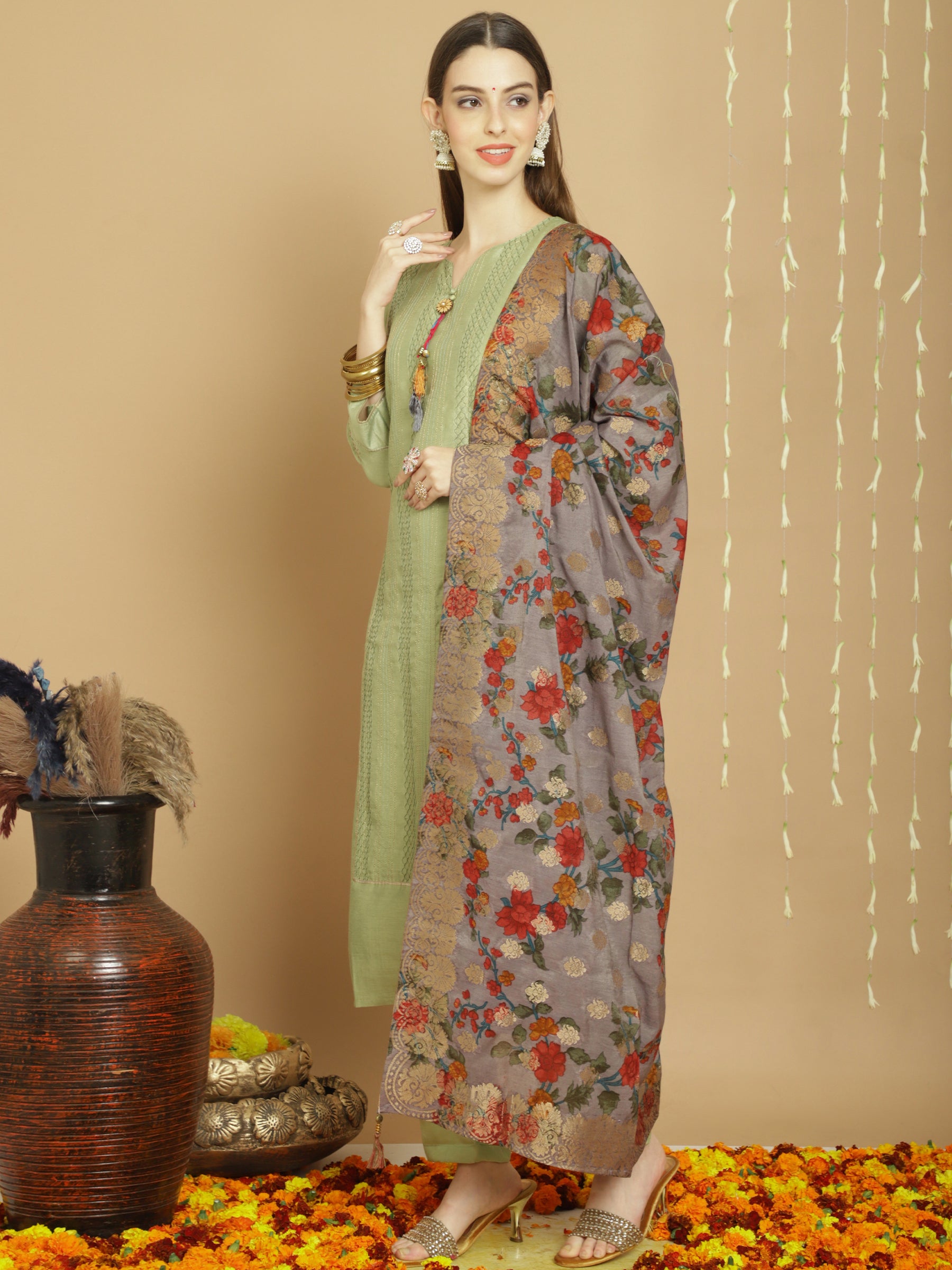 Pista Colored Tusser Silk Embroidered  Salwar Suit With Pant Dupatta