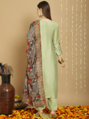 Pista Colored Tusser Silk Embroidered  Salwar Suit With Pant Dupatta