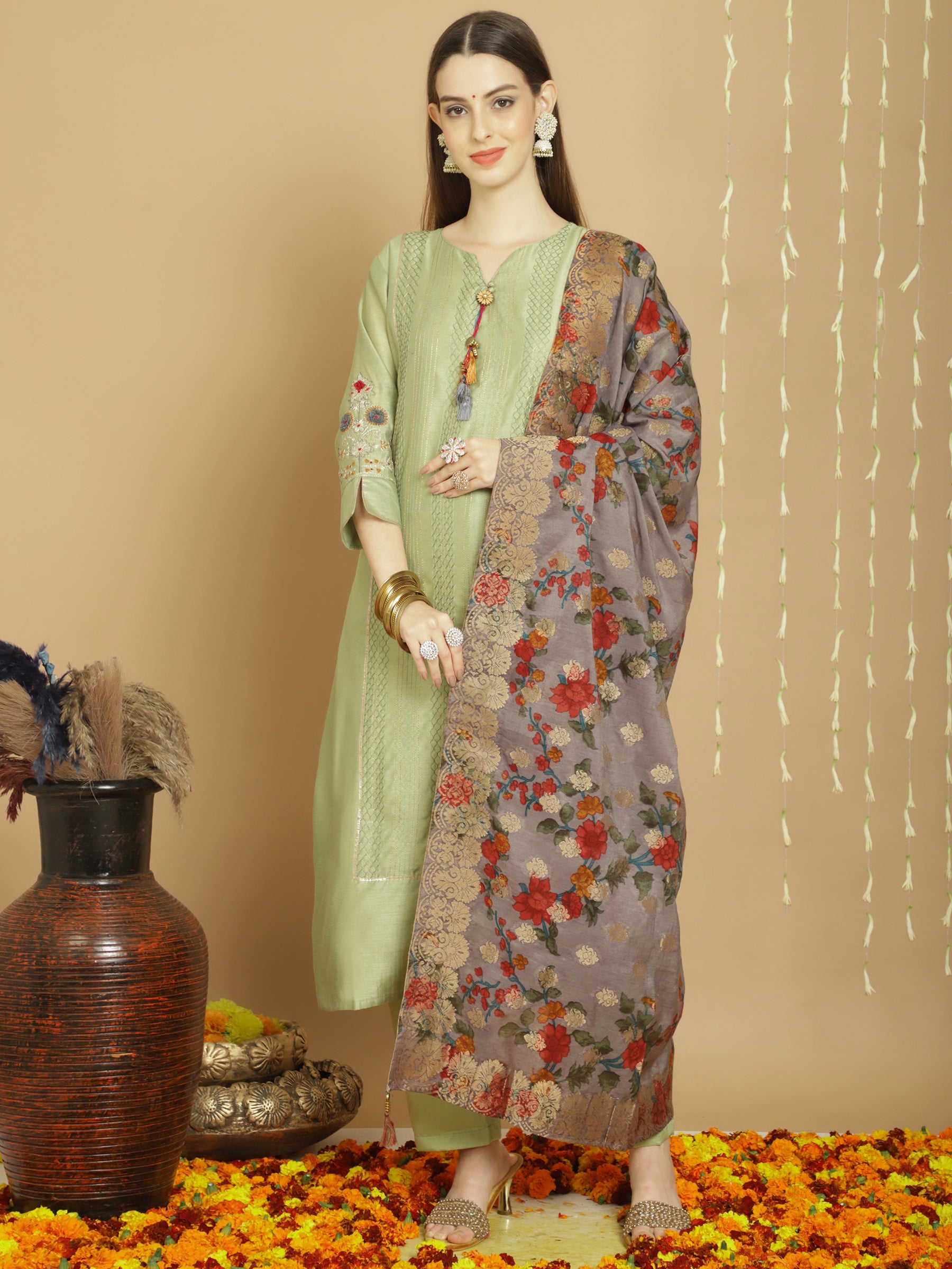 Pista Colored Tusser Silk Embroidered  Salwar Suit With Pant Dupatta