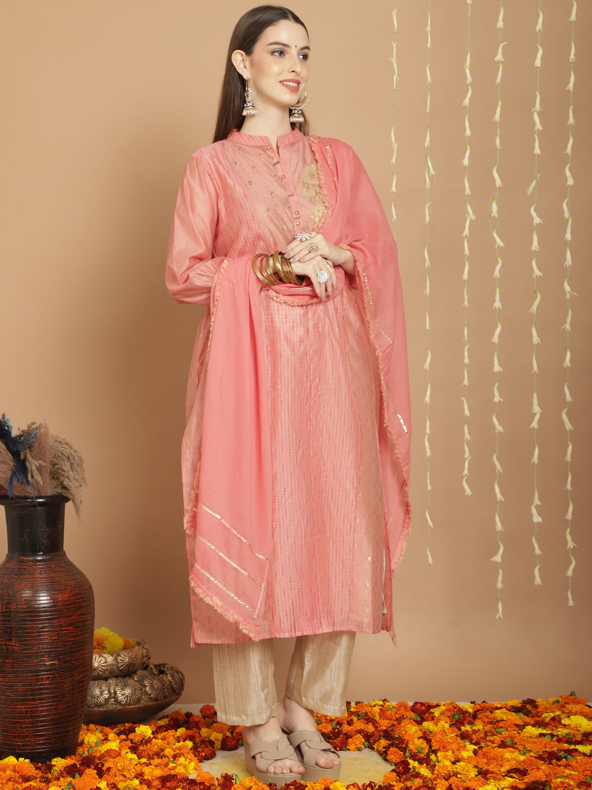 Pink Colored Art Silk Embroidered  Salwar Suit With Pant Dupatta