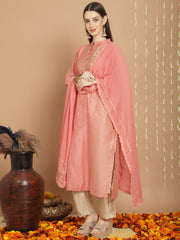 Pink Colored Art Silk Embroidered  Salwar Suit With Pant Dupatta