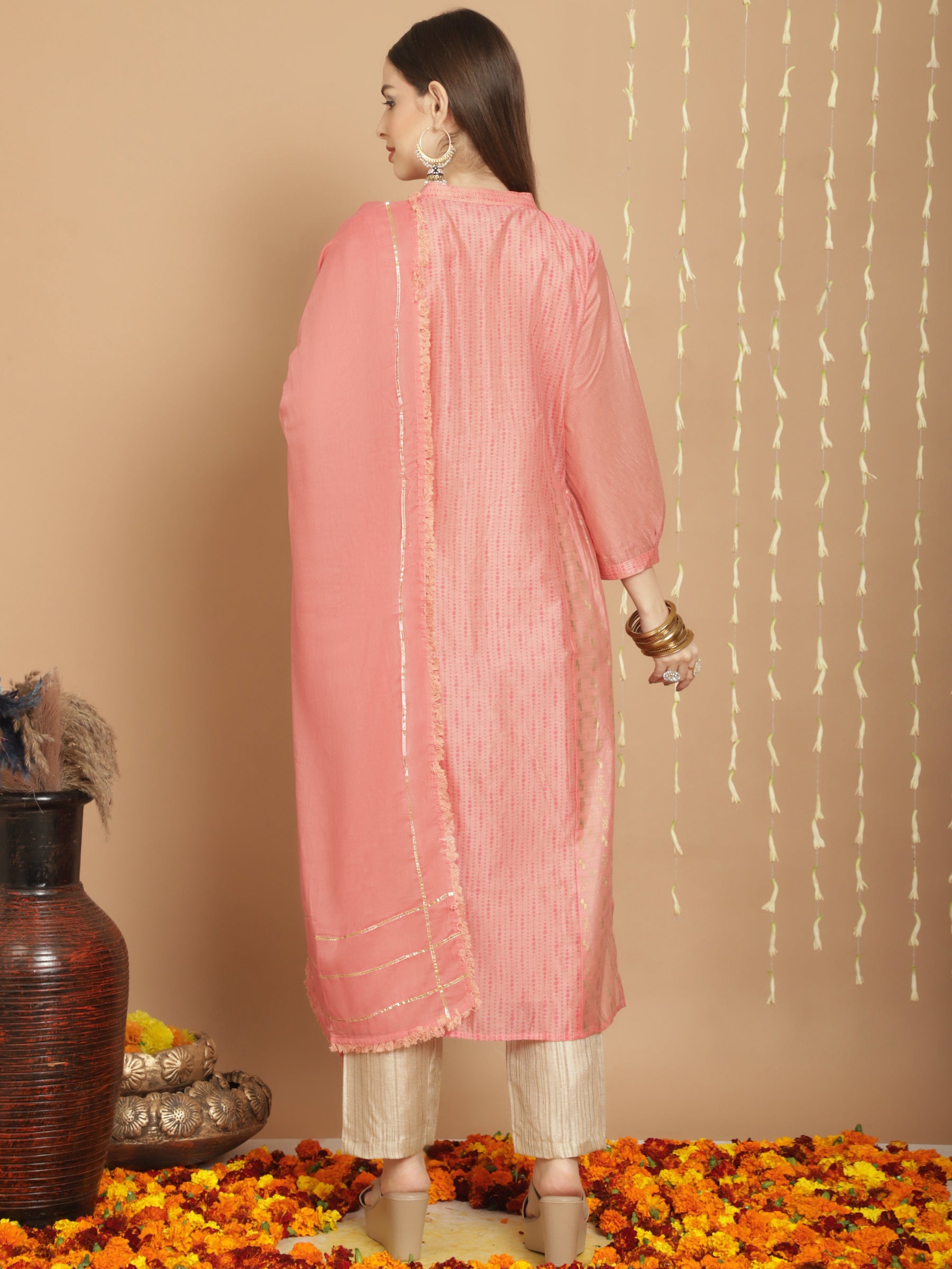 Pink Colored Art Silk Embroidered  Salwar Suit With Pant Dupatta