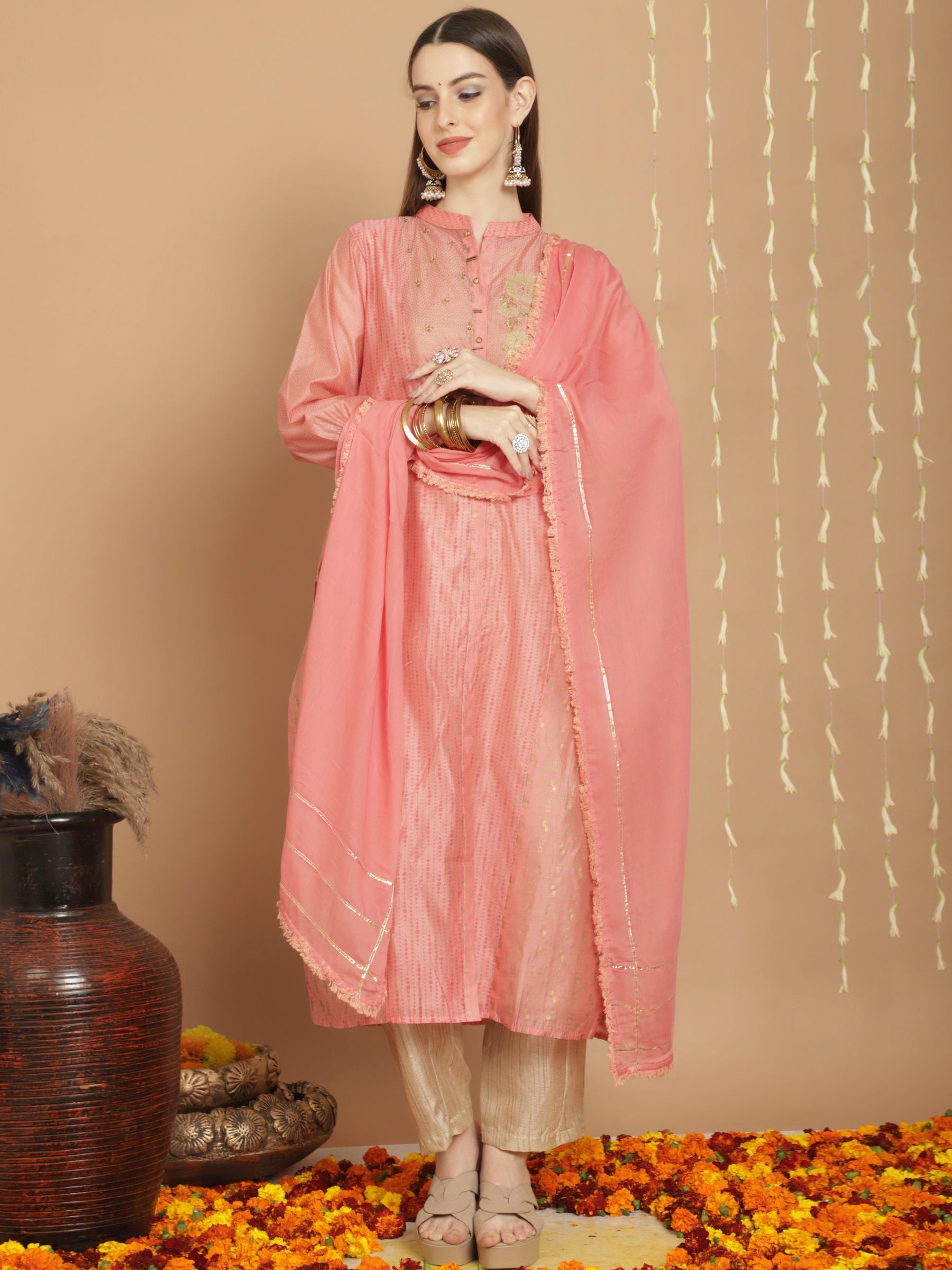 Pink Colored Art Silk Embroidered  Salwar Suit With Pant Dupatta