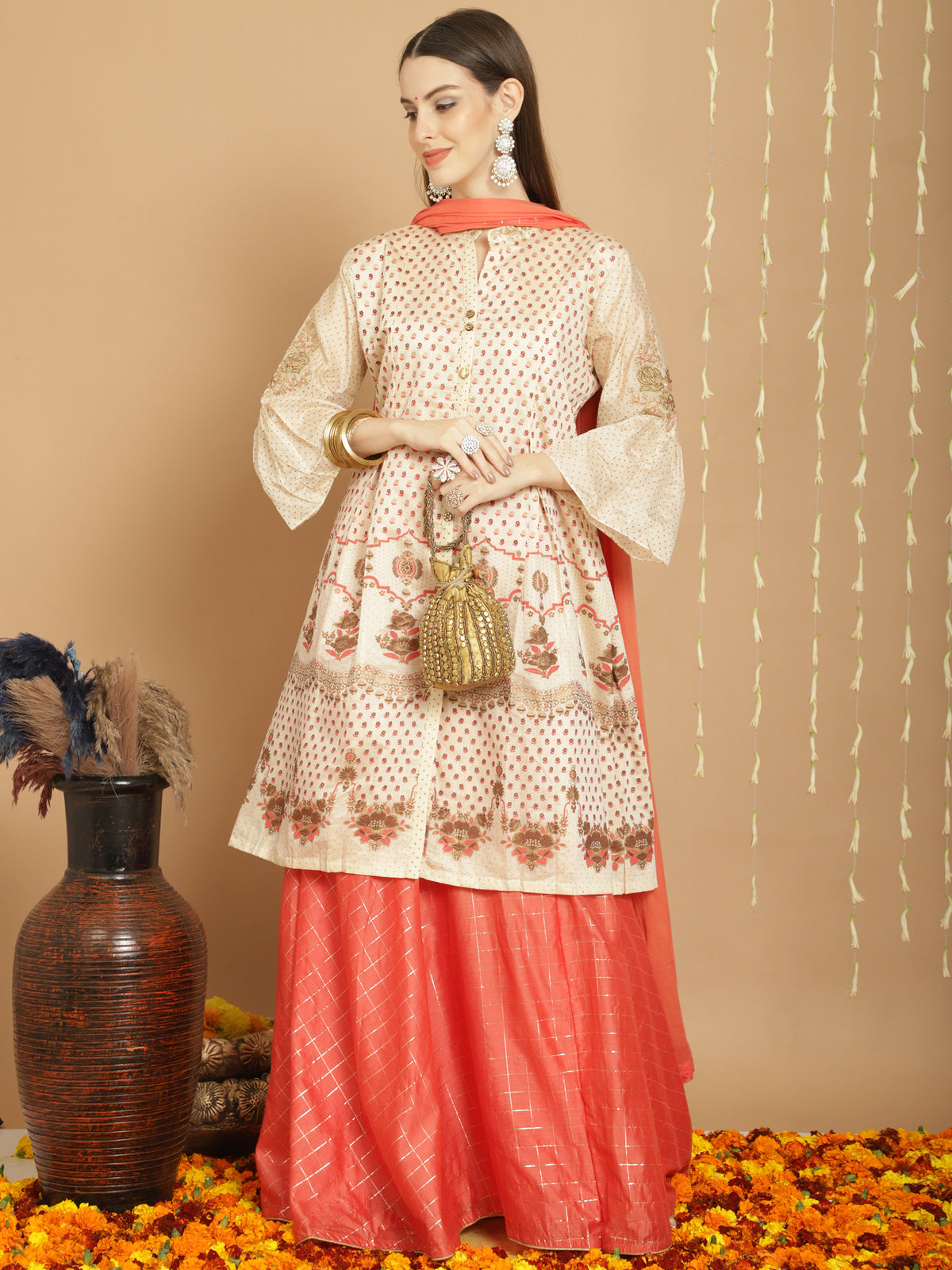 Cream Colored Art Silk Embroidered  Salwar Suit With Bottom Dupatta