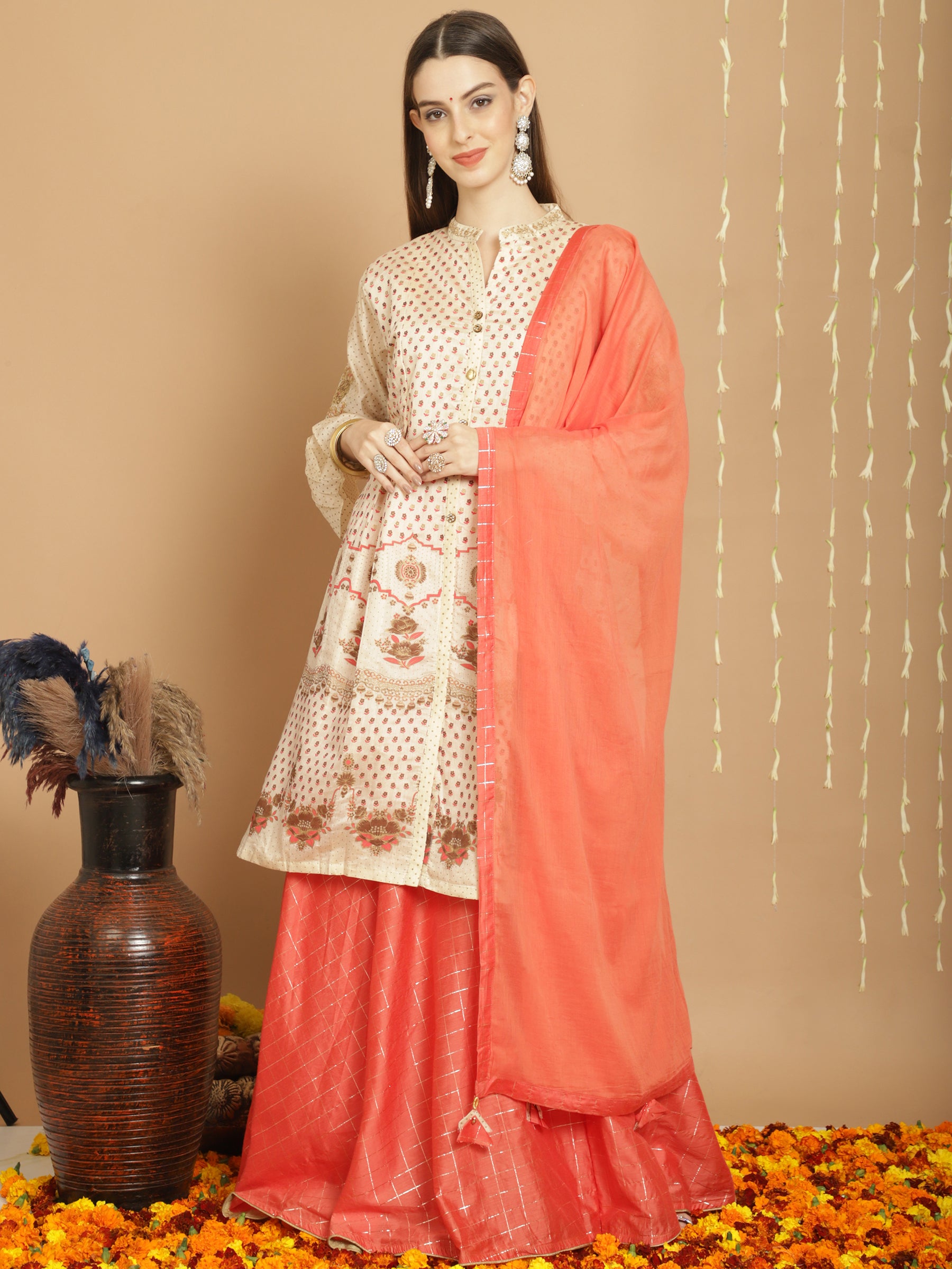 Cream Colored Art Silk Embroidered  Salwar Suit With Bottom Dupatta