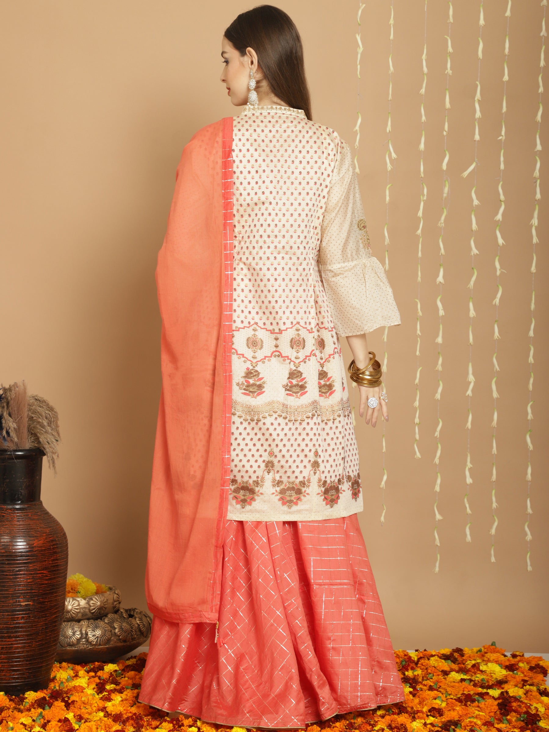 Cream Colored Art Silk Embroidered  Salwar Suit With Bottom Dupatta