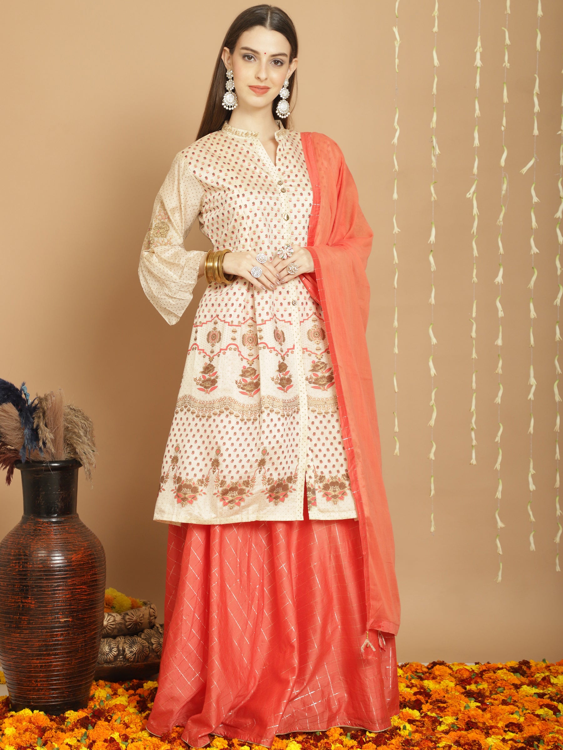 Cream Colored Art Silk Embroidered  Salwar Suit With Bottom Dupatta