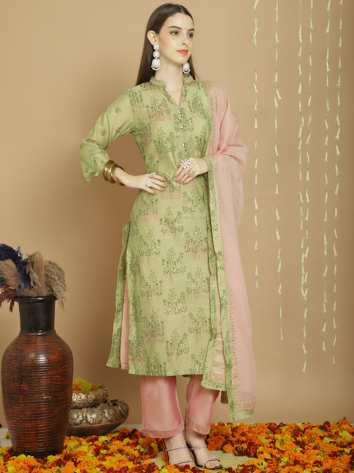 Green Art Silk Embroidered Salwar Suit With Pant Dupatta