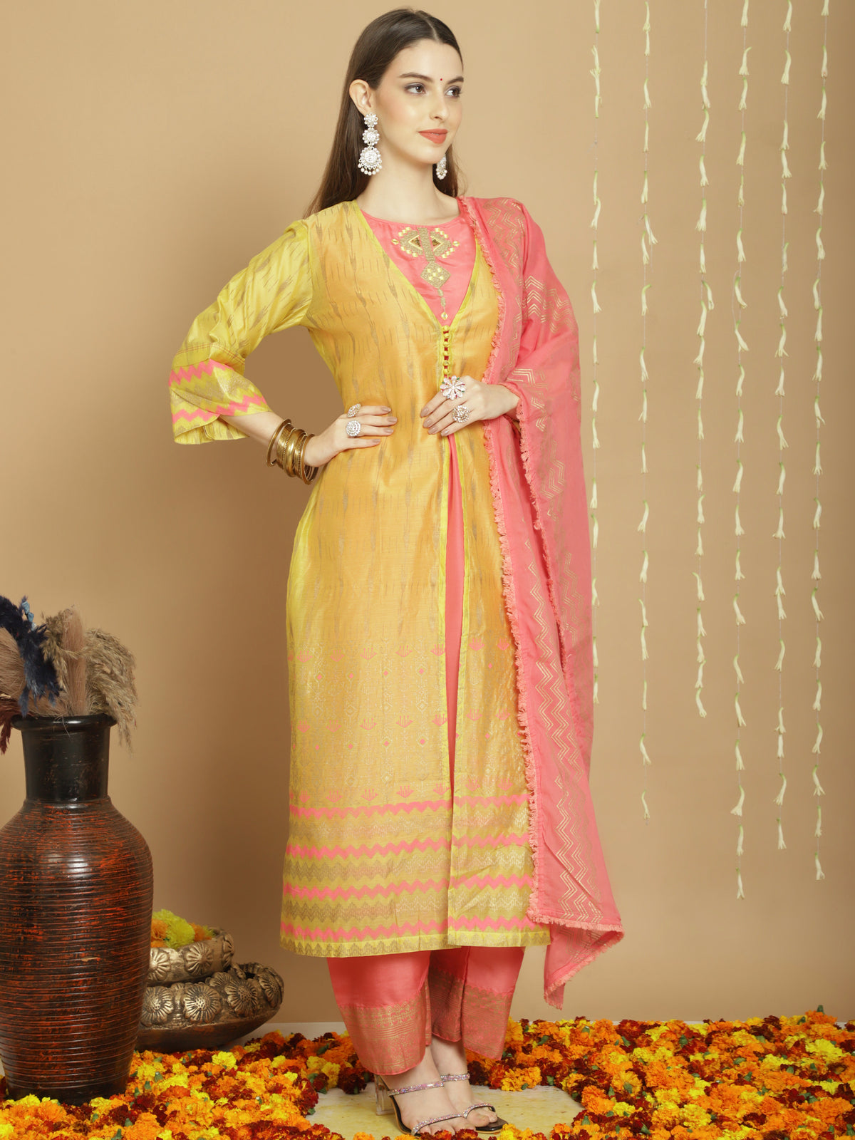 Mustard Colored Art Silk Embroidered  Salwar Suit With Pant Dupatta