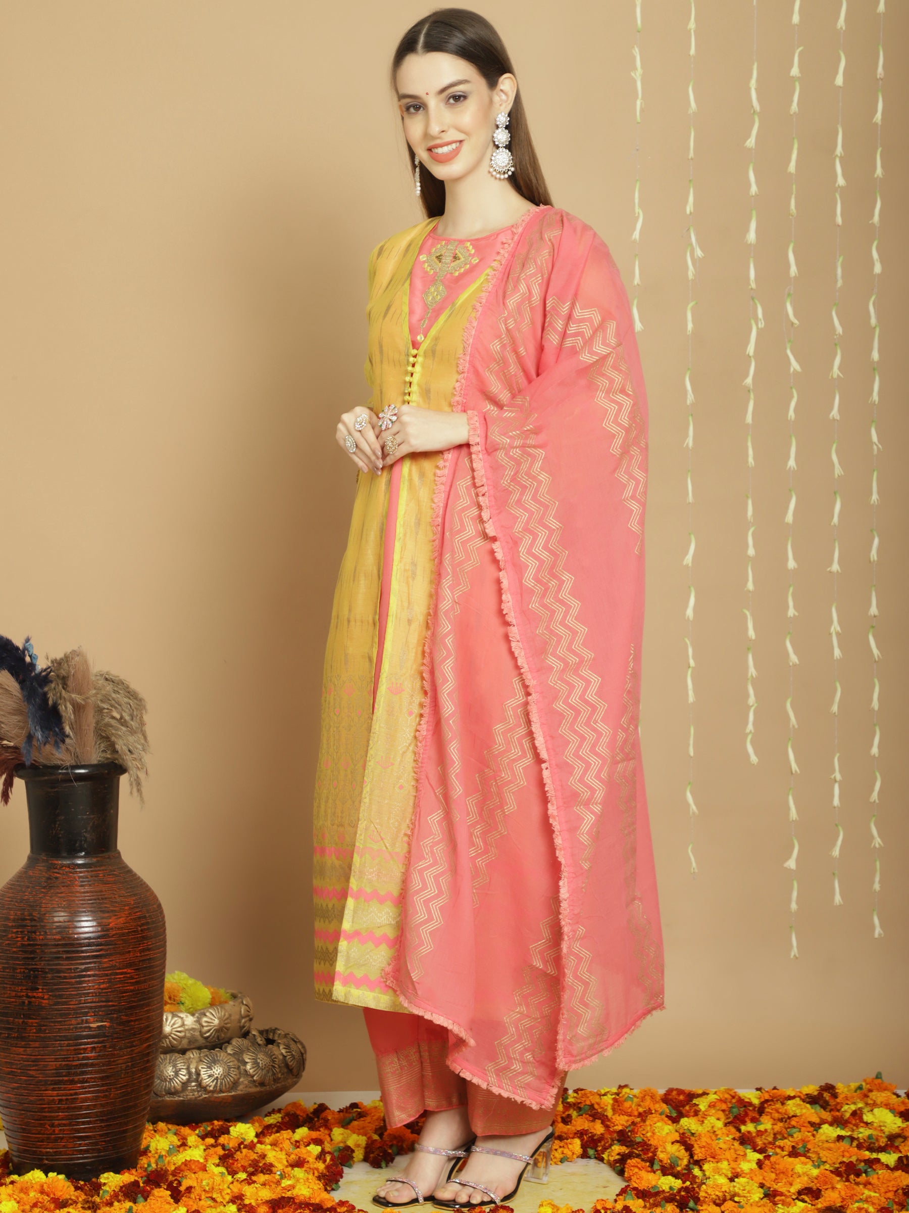 Mustard Colored Art Silk Embroidered  Salwar Suit With Pant Dupatta